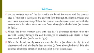 Cont.…
 As the contact area of the bar a with the brush increases and the contact
area of the bar b decreases, the current flow through the bars increases and
decreases simultaneously. When the contact area become same for both the
commutator bar then same current flows through both the bars (as shown
in fig 3).
 When the brush contact area with the bar b decreases further, then the
current flowing through the coil B changes its direction and starts to flow
counter-clockwise (as shown in fig 4).
 When the brush totally comes under the bar a (as shown in fig 5) and
disconnected with the bar b then current 𝐼 𝐶 flows through the coil B in the
counter-clockwise direction and the short circuit is removed. 39
 