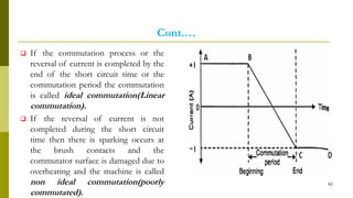 Cont.…
 If the commutation process or the
reversal of current is completed by the
end of the short circuit time or the
commutation period the commutation
is called ideal commutation(Linear
commutation).
 If the reversal of current is not
completed during the short circuit
time then there is sparking occurs at
the brush contacts and the
commutator surface is damaged due to
overheating and the machine is called
non ideal commutation(poorly
commutated).
42
 