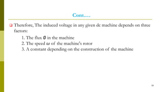 Cont.…
 Therefore, The induced voltage in any given dc machine depends on three
factors:
1. The flux ∅ in the machine
2. The speed 𝜔 of the machine's rotor
3. A constant depending on the construction of the machine
59
 