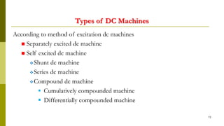 Types of DC Machines
According to method of excitation dc machines
 Separately excited dc machine
 Self excited dc machine
Shunt dc machine
Series dc machine
Compound dc machine
 Cumulatively compounded machine
 Differentially compounded machine
72
 