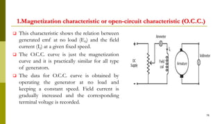 1.Magnetization characteristic or open-circuit characteristic (O.C.C.)
 This characteristic shows the relation between
generated emf at no load (E0) and the field
current (If) at a given fixed speed.
 The O.C.C. curve is just the magnetization
curve and it is practically similar for all type
of generators.
 The data for O.C.C. curve is obtained by
operating the generator at no load and
keeping a constant speed. Field current is
gradually increased and the corresponding
terminal voltage is recorded.
78
 