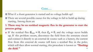 Cont.…
 What if a shunt generator is started and no voltage builds up?
 There are several possible causes for the voltage to fail to build up during
starting, Among them are
1. There may be no residual magnetic flux in the generator to start the
process going.
◘ If the residual flux ∅ 𝑟𝑒𝑠 = 0, then 𝐸𝐴 = 0, and the voltage never builds
up, If this problem occurs, disconnect the field from the armature circuit
and connect it directly to an external dc source such as a battery, the current
flow from this external dc source will leave a residual flux in the poles,
which will then allow normal starting, this procedure is known as "flashing
the field." 93
 