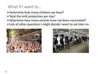 11
What if I want to...
➢Determine how many chickens we have?
➢Total the milk production per day?
➢Determine how many animals have not been vaccinated?
➢Lots of other questions I might decide I want to ask later on.
 