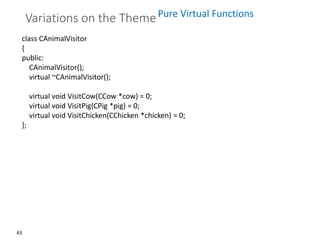 43
Variations on the Theme
class CAnimalVisitor
{
public:
CAnimalVisitor();
virtual ~CAnimalVisitor();
virtual void VisitCow(CCow *cow) = 0;
virtual void VisitPig(CPig *pig) = 0;
virtual void VisitChicken(CChicken *chicken) = 0;
};
Pure Virtual Functions
 