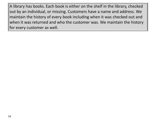 54
A library has books. Each book is either on the shelf in the library, checked
out by an individual, or missing. Customers have a name and address. We
maintain the history of every book including when it was checked out and
when it was returned and who the customer was. We maintain the history
for every customer as well.
 