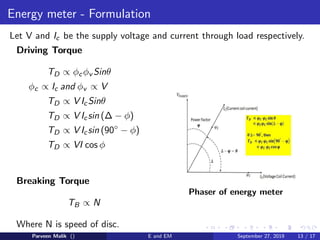 Energy meter - Formulation
Let V and Ic be the supply voltage and current through load respectively.
Driving Torque
TD ∝ φcφv Sinθ
φc ∝ Ic and φv ∝ V
TD ∝ V IcSinθ
TD ∝ V Icsin (∆ − φ)
TD ∝ V Icsin (90◦
− φ)
TD ∝ VI cos φ
Breaking Torque
TB ∝ N
Where N is speed of disc.
Phaser of energy meter
Parveen Malik () E and EM September 27, 2019 13 / 17
 