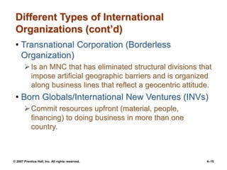 © 2007 Prentice Hall, Inc. All rights reserved. 4–15
Different Types of International
Organizations (cont’d)
• Transnational Corporation (Borderless
Organization)
Is an MNC that has eliminated structural divisions that
impose artificial geographic barriers and is organized
along business lines that reflect a geocentric attitude.
• Born Globals/International New Ventures (INVs)
Commit resources upfront (material, people,
financing) to doing business in more than one
country.
 