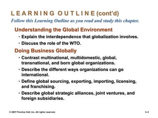 © 2007 Prentice Hall, Inc. All rights reserved. 4–3
L E A R N I N G O U T L I N E (cont’d)
Follow this Learning Outline as you read and study this chapter.
Understanding the Global Environment
• Explain the interdependence that globalization involves.
• Discuss the role of the WTO.
Doing Business Globally
• Contrast multinational, multidomestic, global,
transnational, and born global organizations.
• Describe the different ways organizations can go
international.
• Define global sourcing, exporting, importing, licensing,
and franchising.
• Describe global strategic alliances, joint ventures, and
foreign subsidiaries.
 