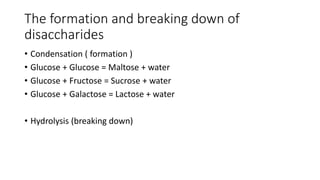 The formation and breaking down of
disaccharides
• Condensation ( formation )
• Glucose + Glucose = Maltose + water
• Glucose + Fructose = Sucrose + water
• Glucose + Galactose = Lactose + water
• Hydrolysis (breaking down)
 