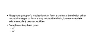 • Phosphate group of a nucleotide can form a chemical bond with other
nucleotide sugar to form a long nucleotide chain, known as nucleic
acid molecule / polynucleotides
• Complementary base pairs:
• AT
• GC
 