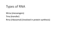 Types of RNA
Mrna (messengers)
Trna (transfer)
Rrna (ribosomal) (involved in protein synthesis)
 