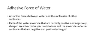 Adhesive Force of Water
• Attractive forces between water and the molecules of other
subtances.
• Parts of the water molecule that are partially positive and negatively
charged are attracted respectively to ions and the molecules of other
subtances that are negative and positively charged.
 