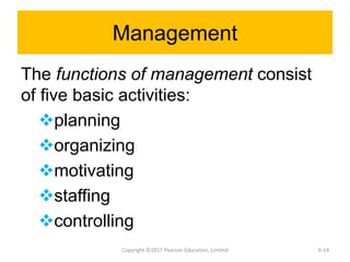 Management
The functions of management consist
of five basic activities:
planning
organizing
motivating
staffing
controlling
Copyright ©2017 Pearson Education, Limited 6-14
 