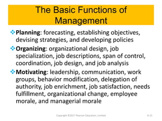 The Basic Functions of
Management
Planning: forecasting, establishing objectives,
devising strategies, and developing policies
Organizing: organizational design, job
specialization, job descriptions, span of control,
coordination, job design, and job analysis
Motivating: leadership, communication, work
groups, behavior modification, delegation of
authority, job enrichment, job satisfaction, needs
fulfillment, organizational change, employee
morale, and managerial morale
Copyright ©2017 Pearson Education, Limited 6-15
 