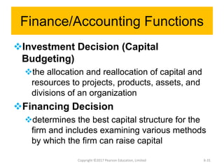 Finance/Accounting Functions
Investment Decision (Capital
Budgeting)
the allocation and reallocation of capital and
resources to projects, products, assets, and
divisions of an organization
Financing Decision
determines the best capital structure for the
firm and includes examining various methods
by which the firm can raise capital
Copyright ©2017 Pearson Education, Limited 6-31
 