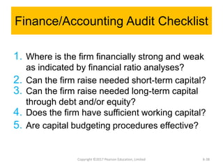 Finance/Accounting Audit Checklist
1. Where is the firm financially strong and weak
as indicated by financial ratio analyses?
2. Can the firm raise needed short-term capital?
3. Can the firm raise needed long-term capital
through debt and/or equity?
4. Does the firm have sufficient working capital?
5. Are capital budgeting procedures effective?
Copyright ©2017 Pearson Education, Limited 6-38
 