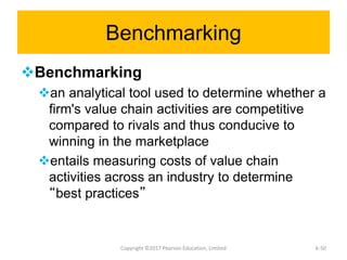 Benchmarking
Benchmarking
an analytical tool used to determine whether a
firm's value chain activities are competitive
compared to rivals and thus conducive to
winning in the marketplace
entails measuring costs of value chain
activities across an industry to determine
“best practices”
Copyright ©2017 Pearson Education, Limited 6-50
 