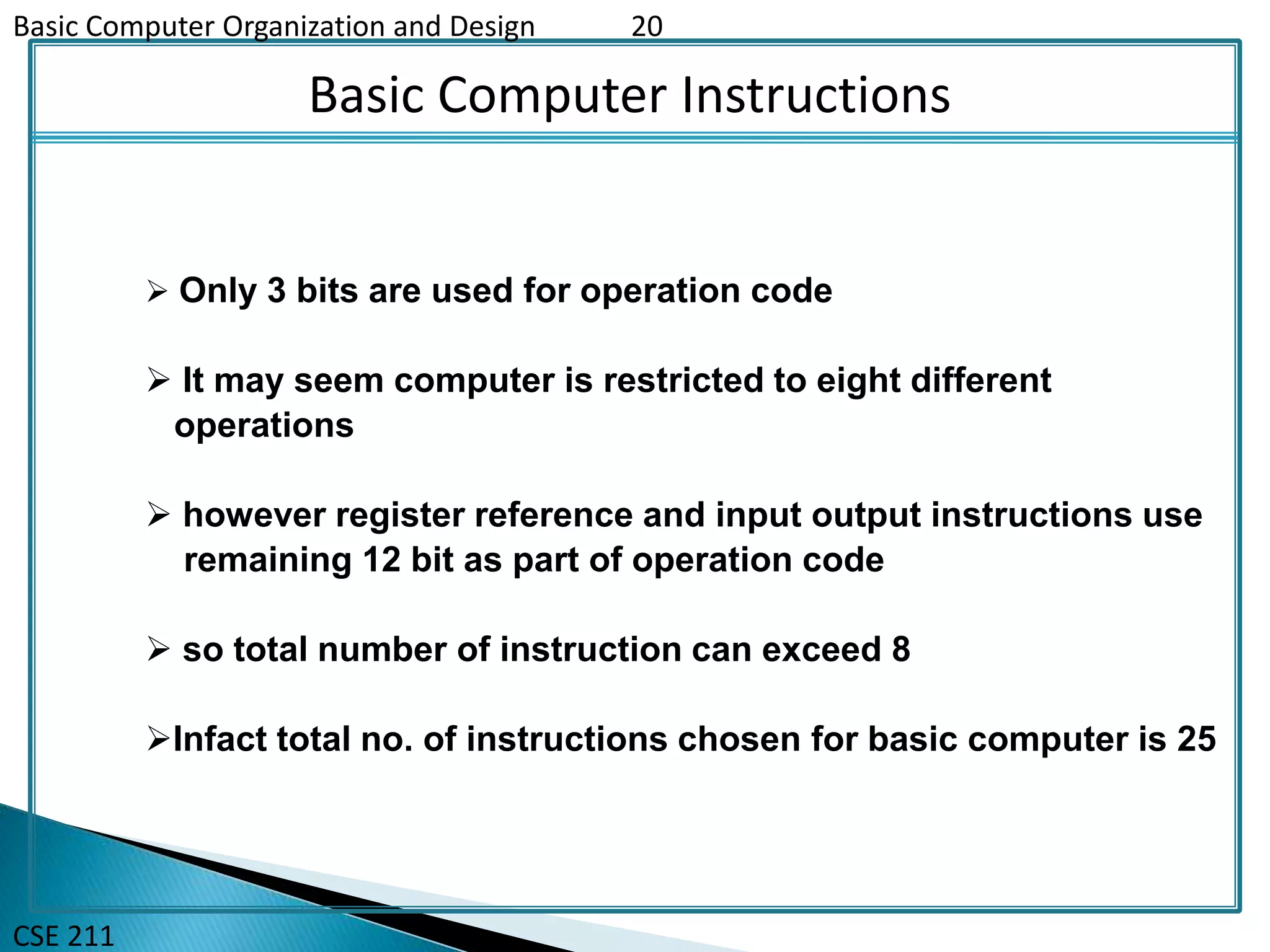 Basic Computer Organization and Design 20
CSE 211
Basic Computer Instructions
 Only 3 bits are used for operation code
 It may seem computer is restricted to eight different
operations
 however register reference and input output instructions use
remaining 12 bit as part of operation code
 so total number of instruction can exceed 8
Infact total no. of instructions chosen for basic computer is 25
 