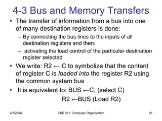 CSE 211: Computer Organization 16
4-3 Bus and Memory Transfers
• The transfer of information from a bus into one
of many destination registers is done:
– By connecting the bus lines to the inputs of all
destination registers and then:
– activating the load control of the particular destination
register selected
• We write: R2 ← C to symbolize that the content
of register C is loaded into the register R2 using
the common system bus
• It is equivalent to: BUS ←C, (select C)
R2 ←BUS (Load R2)
9/7/2020
 