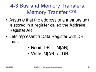 CSE 211: Computer Organization 21
4-3 Bus and Memory Transfers:
Memory Transfer cont.
• Assume that the address of a memory unit
is stored in a register called the Address
Register AR
• Lets represent a Data Register with DR,
then:
• Read: DR ← M[AR]
• Write: M[AR] ← DR
9/7/2020
 