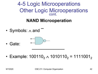 CSE 211: Computer Organization 42
4-5 Logic Microoperations
Other Logic Microoperations
cont.
NAND Microoperation
• Symbols:  and

• Gate:
• Example: 1001102  10101102 = 11110012
9/7/2020
 