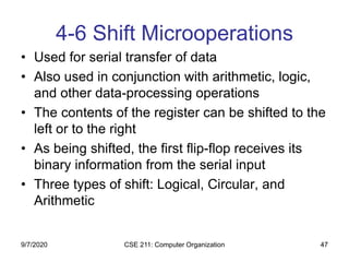 CSE 211: Computer Organization 47
4-6 Shift Microoperations
• Used for serial transfer of data
• Also used in conjunction with arithmetic, logic,
and other data-processing operations
• The contents of the register can be shifted to the
left or to the right
• As being shifted, the first flip-flop receives its
binary information from the serial input
• Three types of shift: Logical, Circular, and
Arithmetic
9/7/2020
 