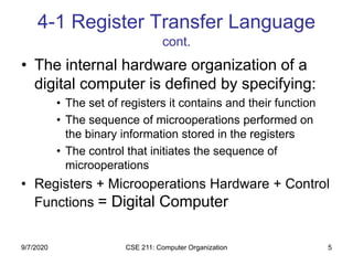 CSE 211: Computer Organization 5
4-1 Register Transfer Language
cont.
• The internal hardware organization of a
digital computer is defined by specifying:
• The set of registers it contains and their function
• The sequence of microoperations performed on
the binary information stored in the registers
• The control that initiates the sequence of
microoperations
• Registers + Microoperations Hardware + Control
Functions = Digital Computer
9/7/2020
 