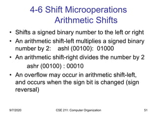 CSE 211: Computer Organization 51
4-6 Shift Microoperations
Arithmetic Shifts
• Shifts a signed binary number to the left or right
• An arithmetic shift-left multiplies a signed binary
number by 2: ashl (00100): 01000
• An arithmetic shift-right divides the number by 2
ashr (00100) : 00010
• An overflow may occur in arithmetic shift-left,
and occurs when the sign bit is changed (sign
reversal)
9/7/2020
 