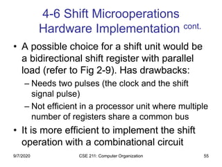 CSE 211: Computer Organization 55
4-6 Shift Microoperations
Hardware Implementation cont.
• A possible choice for a shift unit would be
a bidirectional shift register with parallel
load (refer to Fig 2-9). Has drawbacks:
– Needs two pulses (the clock and the shift
signal pulse)
– Not efficient in a processor unit where multiple
number of registers share a common bus
• It is more efficient to implement the shift
operation with a combinational circuit
9/7/2020
 