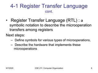 CSE 211: Computer Organization 6
4-1 Register Transfer Language
cont.
• Register Transfer Language (RTL) : a
symbolic notation to describe the microoperation
transfers among registers
Next steps:
– Define symbols for various types of microoperations,
– Describe the hardware that implements these
microoperations
9/7/2020
 