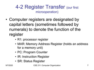 CSE 211: Computer Organization 7
4-2 Register Transfer (our first
microoperation)
• Computer registers are designated by
capital letters (sometimes followed by
numerals) to denote the function of the
register
• R1: processor register
• MAR: Memory Address Register (holds an address
for a memory unit)
• PC: Program Counter
• IR: Instruction Register
• SR: Status Register
9/7/2020
 