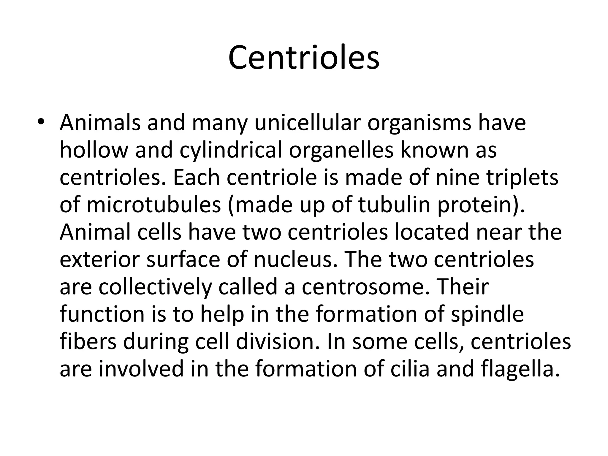 Centrioles
• Animals and many unicellular organisms have
hollow and cylindrical organelles known as
centrioles. Each centriole is made of nine triplets
of microtubules (made up of tubulin protein).
Animal cells have two centrioles located near the
exterior surface of nucleus. The two centrioles
are collectively called a centrosome. Their
function is to help in the formation of spindle
fibers during cell division. In some cells, centrioles
are involved in the formation of cilia and flagella.
 