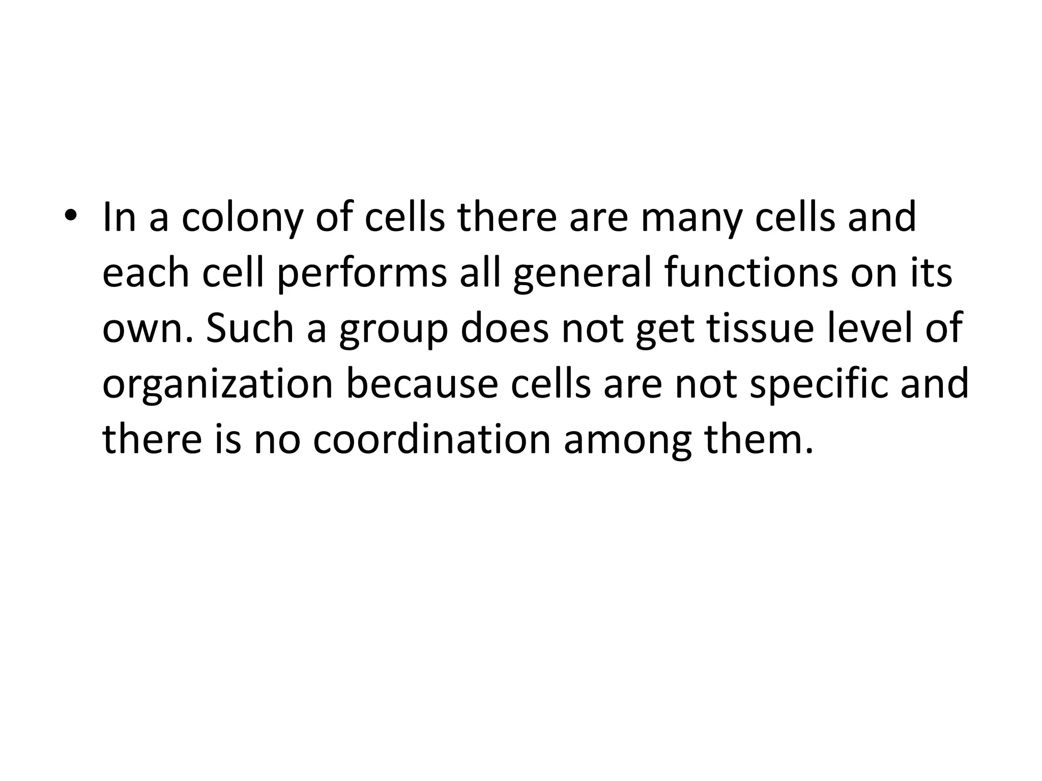 • In a colony of cells there are many cells and
each cell performs all general functions on its
own. Such a group does not get tissue level of
organization because cells are not specific and
there is no coordination among them.
 