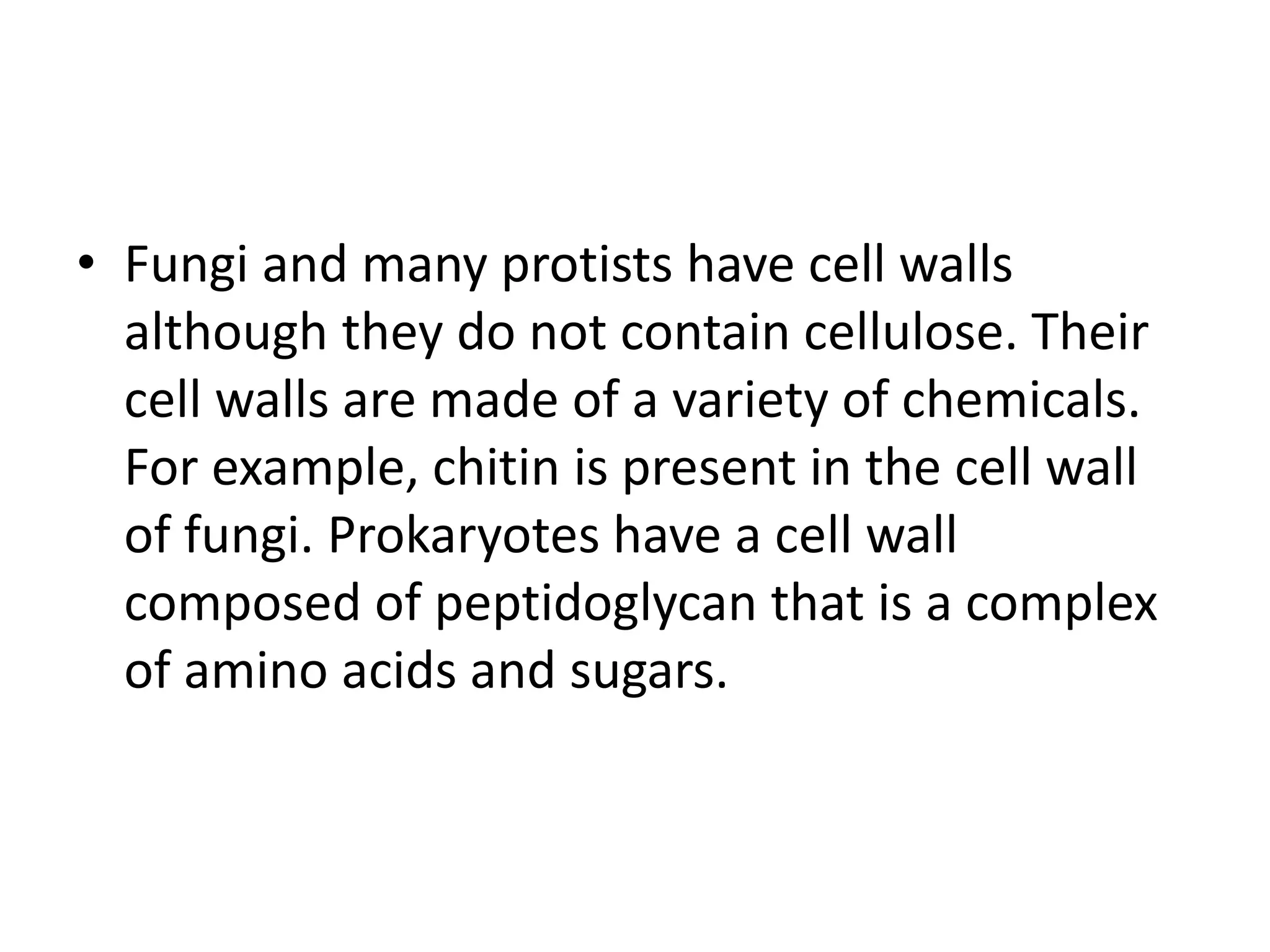 • Fungi and many protists have cell walls
although they do not contain cellulose. Their
cell walls are made of a variety of chemicals.
For example, chitin is present in the cell wall
of fungi. Prokaryotes have a cell wall
composed of peptidoglycan that is a complex
of amino acids and sugars.
 