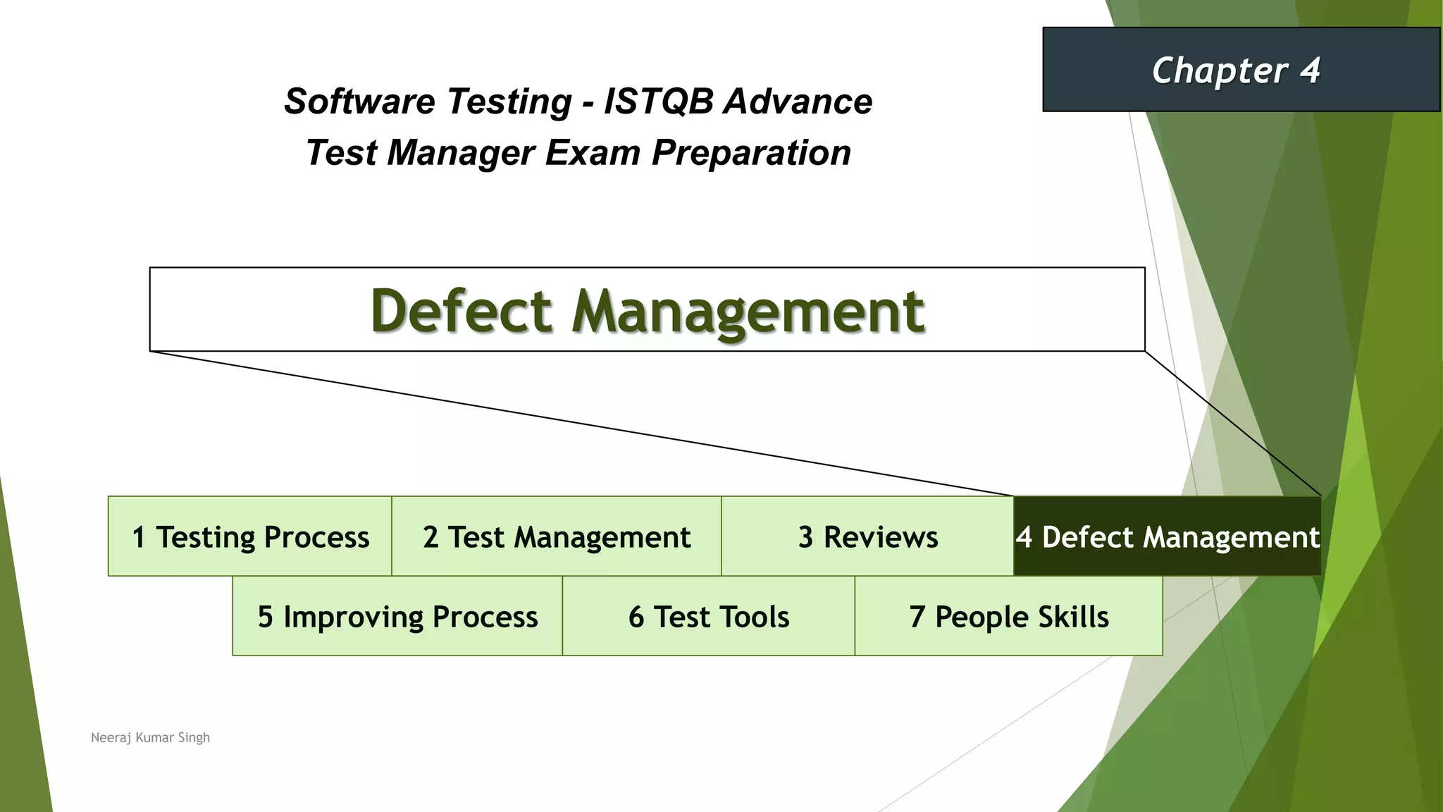 Defect Management
1 Testing Process 2 Test Management 3 Reviews
Software Testing - ISTQB Advance
Test Manager Exam Preparation
Chapter 4
Neeraj Kumar Singh
4 Defect Management
5 Improving Process 6 Test Tools 7 People Skills
 