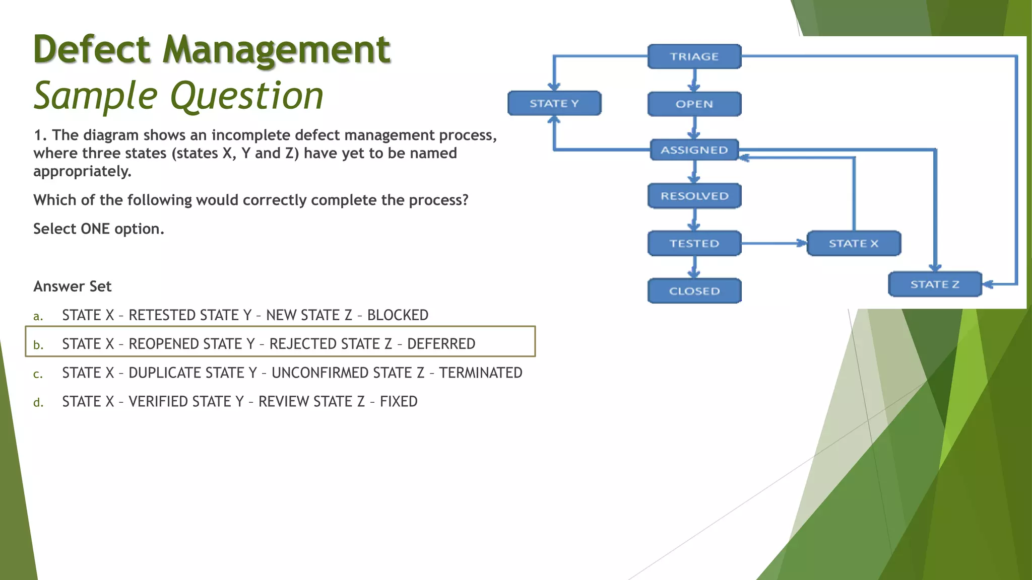 1. The diagram shows an incomplete defect management process,
where three states (states X, Y and Z) have yet to be named
appropriately.
Which of the following would correctly complete the process?
Select ONE option.
Answer Set
a. STATE X – RETESTED STATE Y – NEW STATE Z – BLOCKED
b. STATE X – REOPENED STATE Y – REJECTED STATE Z – DEFERRED
c. STATE X – DUPLICATE STATE Y – UNCONFIRMED STATE Z – TERMINATED
d. STATE X – VERIFIED STATE Y – REVIEW STATE Z – FIXED
Defect Management
Sample Question
 