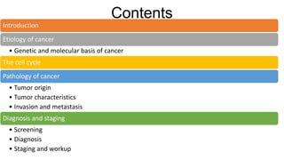 Contents
Introduction
Etiology of cancer
• Genetic and molecular basis of cancer
The cell cycle
Pathology of cancer
• Tumor origin
• Tumor characteristics
• Invasion and metastasis
Diagnosis and staging
• Screening
• Diagnosis
• Staging and workup
 