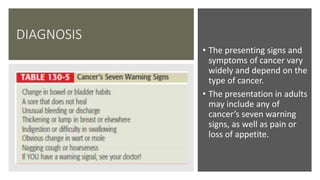 DIAGNOSIS
• The presenting signs and
symptoms of cancer vary
widely and depend on the
type of cancer.
• The presentation in adults
may include any of
cancer’s seven warning
signs, as well as pain or
loss of appetite.
 