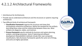 4.2.1.2 Architectural Frameworks
• (Architecture for Architecture),
• Provide way to understand architecture and the structures or systems requiring
architecture.
• Two different kinds of architectural framework:
• Classification framework organize the structure and views that
encompasses enterprise architecture. Define the standard for the artifacts
describing these views and the relationship between these vies. Most
artifacts are diagrams, tables, and matrices.
• Process framework specify methods for business and system planning,
analysis, and design processes. Some IT planning and software
development lifecycle(SDLC) methods include their own composite
classifications. Not all process frameworks specify the same set of things,
and some are highly specialized.
 