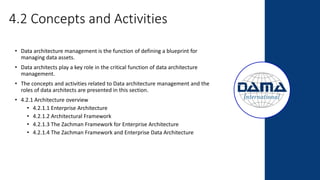 4.2 Concepts and Activities
• Data architecture management is the function of defining a blueprint for
managing data assets.
• Data architects play a key role in the critical function of data architecture
management.
• The concepts and activities related to Data architecture management and the
roles of data architects are presented in this section.
• 4.2.1 Architecture overview
• 4.2.1.1 Enterprise Architecture
• 4.2.1.2 Architectural Framework
• 4.2.1.3 The Zachman Framework for Enterprise Architecture
• 4.2.1.4 The Zachman Framework and Enterprise Data Architecture
 