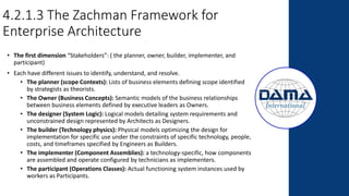 4.2.1.3 The Zachman Framework for
Enterprise Architecture
• The first dimension “Stakeholders”: ( the planner, owner, builder, implementer, and
participant)
• Each have different issues to identify, understand, and resolve.
• The planner (scope Contexts): Lists of business elements defining scope identified
by strategists as theorists.
• The Owner (Business Concepts): Semantic models of the business relationships
between business elements defined by executive leaders as Owners.
• The designer (System Logic): Logical models detailing system requirements and
unconstrained design represented by Architects as Designers.
• The builder (Technology physics): Physical models optimizing the design for
implementation for specific use under the constraints of specific technology, people,
costs, and timeframes specified by Engineers as Builders.
• The implementer (Component Assemblies): a technology-specific, how components
are assembled and operate configured by technicians as implementers.
• The participant (Operations Classes): Actual functioning system instances used by
workers as Participants.
 