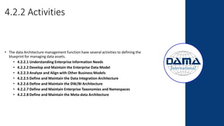 4.2.2 Activities
• The data Architecture management function have several activities to defining the
blueprint for managing data assets.
• 4.2.2.1 Understanding Enterprise Information Needs
• 4.2.2.2 Develop and Maintain the Enterprise Data Model
• 4.2.2.3 Analyze and Align with Other Business Models
• 4.2.2.5 Define and Maintain the Data Integration Architecture
• 4.2.2.6 Define and Maintain the DW/BI Architecture
• 4.2.2.7 Define and Maintain Enterprise Taxonomies and Namespaces
• 4.2.2.8 Define and Maintain the Meta-data Architecture
 