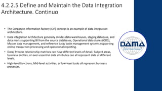 4.2.2.5 Define and Maintain the Data Integration
Architecture. Continuo
• The Corporate information factory (CIF) concept is an example of data integration
architecture.
• Data integration Architecture generally divides data warehouses, staging database, and
data marts supporting BI from the source databases, Operational data stores (ODS),
Master data management, and reference data/ code management systems supporting
online transaction processing and operational reporting.
• Data/ Process relationship matrices can have different levels of detail. Subject areas,
business entities, or even essential data attributes can all represent data at different
levels.
• High-level functions, Mid-level activities, or low-level tasks all represent business
processes.
 
