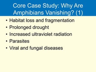 Core Case Study: Why Are
Amphibians Vanishing? (1)
• Habitat loss and fragmentation
• Prolonged drought
• Increased ultraviolet radiation
• Parasites
• Viral and fungal diseases
 