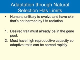 Adaptation through Natural
Selection Has Limits
• Humans unlikely to evolve and have skin
that’s not harmed by UV radiation
1. Desired trait must already be in the gene
pool.
2. Must have high reproductive capacity so
adaptive traits can be spread rapidly
 