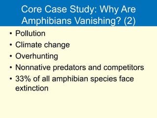 Core Case Study: Why Are
Amphibians Vanishing? (2)
• Pollution
• Climate change
• Overhunting
• Nonnative predators and competitors
• 33% of all amphibian species face
extinction
 