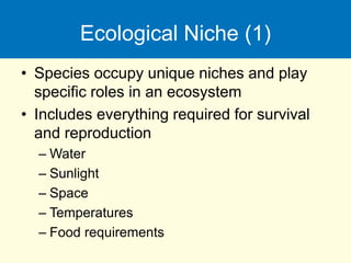 Ecological Niche (1)
• Species occupy unique niches and play
specific roles in an ecosystem
• Includes everything required for survival
and reproduction
– Water
– Sunlight
– Space
– Temperatures
– Food requirements
 