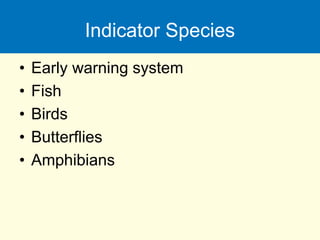 Indicator Species
• Early warning system
• Fish
• Birds
• Butterflies
• Amphibians
 
