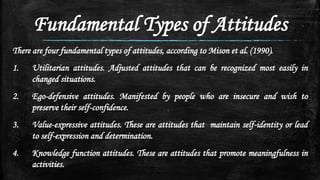 Fundamental Types of Attitudes
There are four fundamental types of attitudes, according to Mison et al. (1990).
1. Utilitarian attitudes. Adjusted attitudes that can be recognized most easily in
changed situations.
2. Ego-defensive attitudes. Manifested by people who are insecure and wish to
preserve their self-confidence.
3. Value-expressive attitudes. These are attitudes that maintain self-identity or lead
to self-expression and determination.
4. Knowledge function attitudes. These are attitudes that promote meaningfulness in
activities.
 
