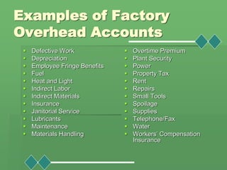 Examples of Factory
Overhead Accounts
 Defective Work
 Depreciation
 Employee Fringe Benefits
 Fuel
 Heat and Light
...